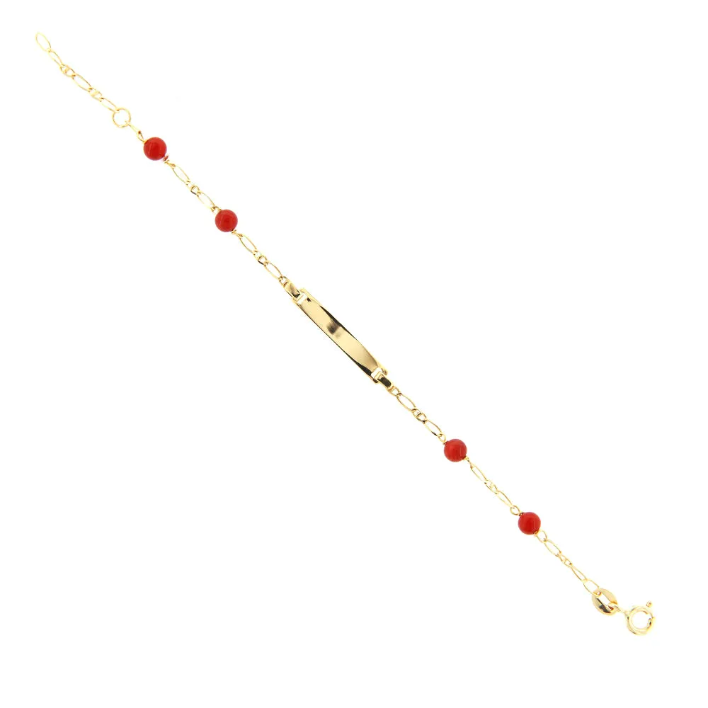 Bracciale Bambino Oro Giallo con Corallo e Targhetta