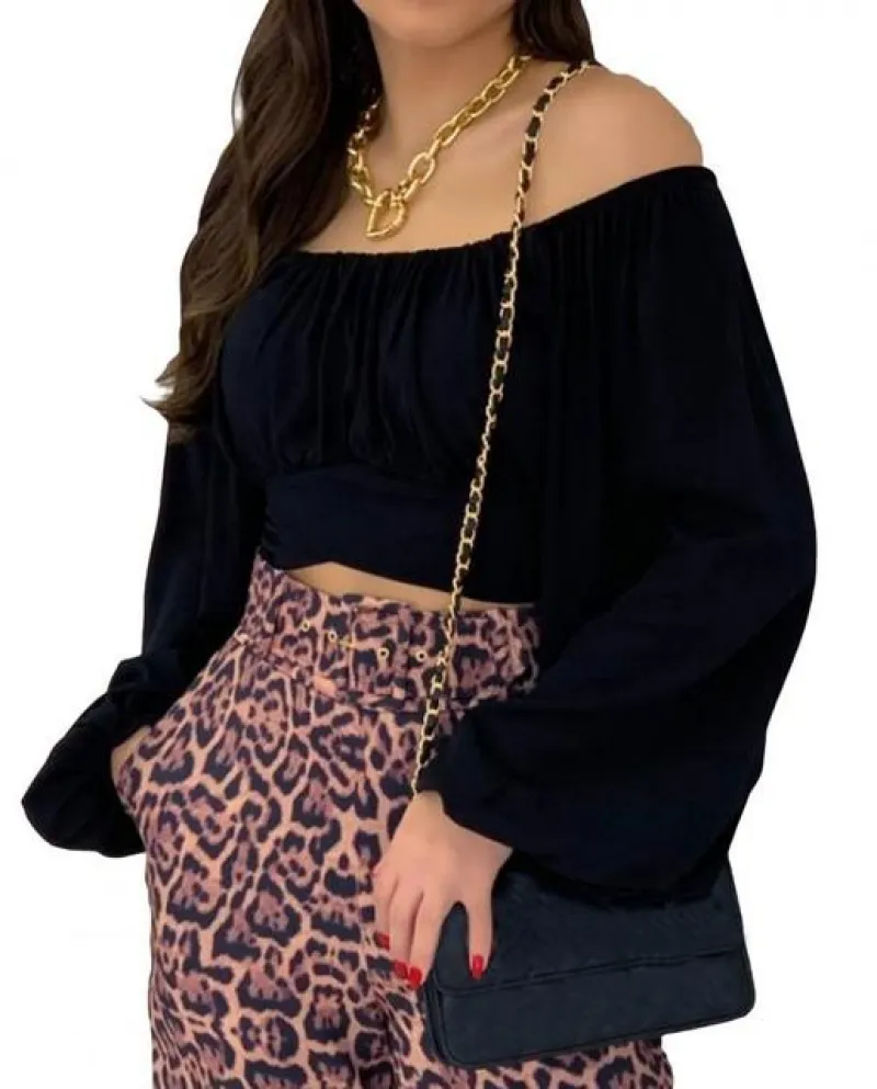 Camicetta da donna con spalle scoperte, colletto elastico, manica lunga, manica lunga, pullover allentato, colore solido, abbigl