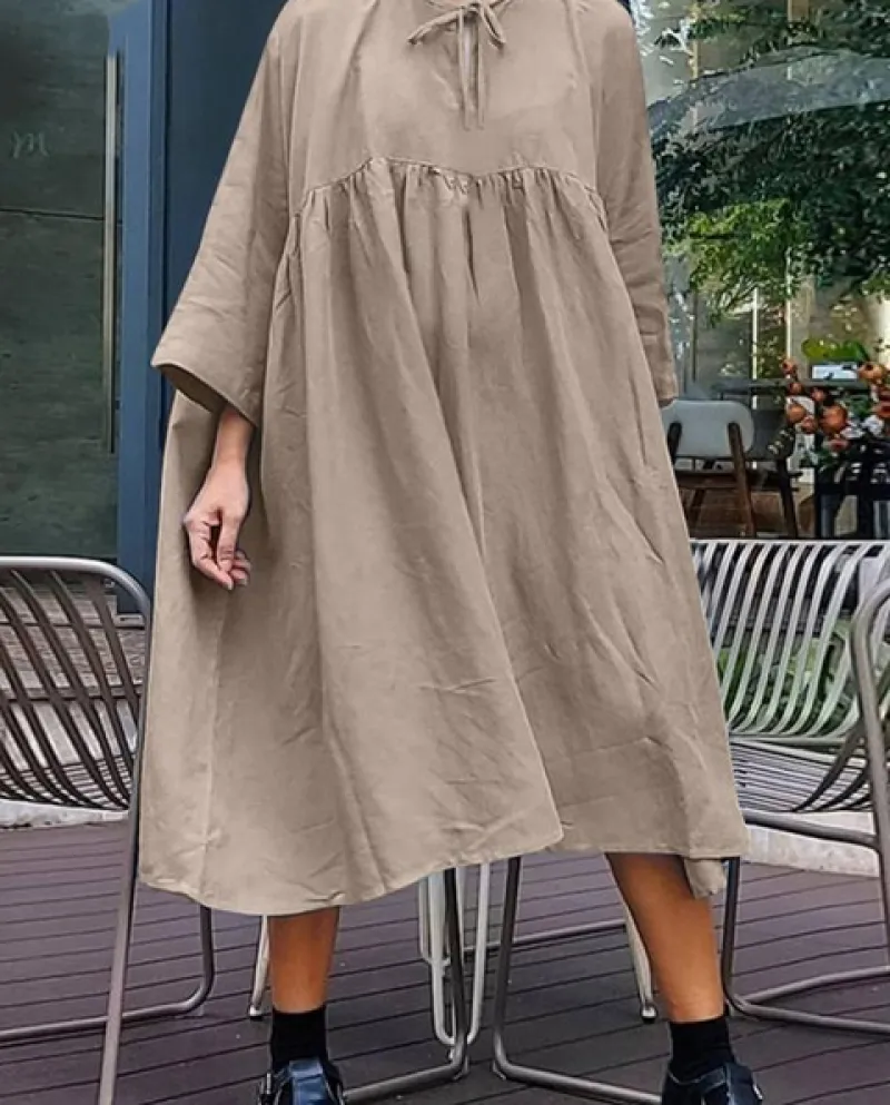 Casual Autunno Mezza Manica Abito Allentato Donna Moda Solid O Collo Lace Up Pullover Abito Ufficio Donna Cotone Lino Semplice