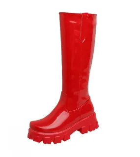Comemore Bright Leather High Platform Round Toe Knee Boots Patent Leather Designer Shoes Women Luxury 2022 Red Long Boot
