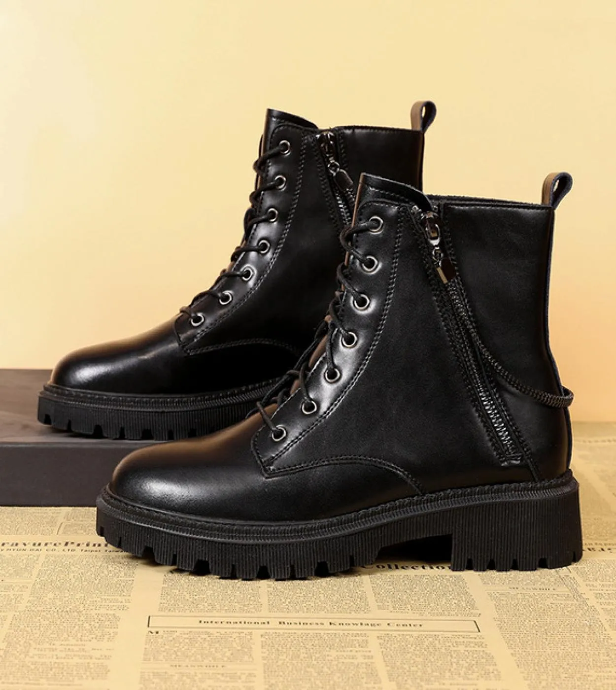 Comemore Platform Combat Women Motorcycle Ankle Boot Female Leather Shoes Thick Sole Black Boots Womens Shoe Winter Med