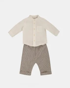 Completo in misto lino e cotone composto da camicia coreana color panna e pantalone rigato beige e blu 12-36 mesi