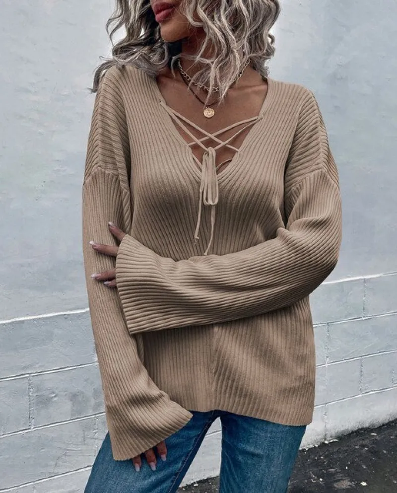 Female Loose Tops Knit Pullover For Women Solid Color V Neck Long Sleeve Tie Up Knitted Blouse Pullovers For Spring Fall