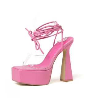 Ins Style Fashion Punta quadrata Sandali da donna in pvc trasparente Cinturino alla caviglia Piattaforma con zeppa incrociata Sa