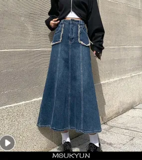 Moukyun  Donna Streetwear Gonna lunga longuette in denim vintage al ginocchio Gonna lunga in jeans dritti a vita alta Harajuk