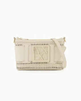 Pochette beige a mano misura grande in tessuto effetto raffia con maxi fibbia logo