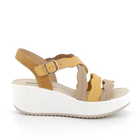 Sandali con zeppa in pelle da donna giallo-beige