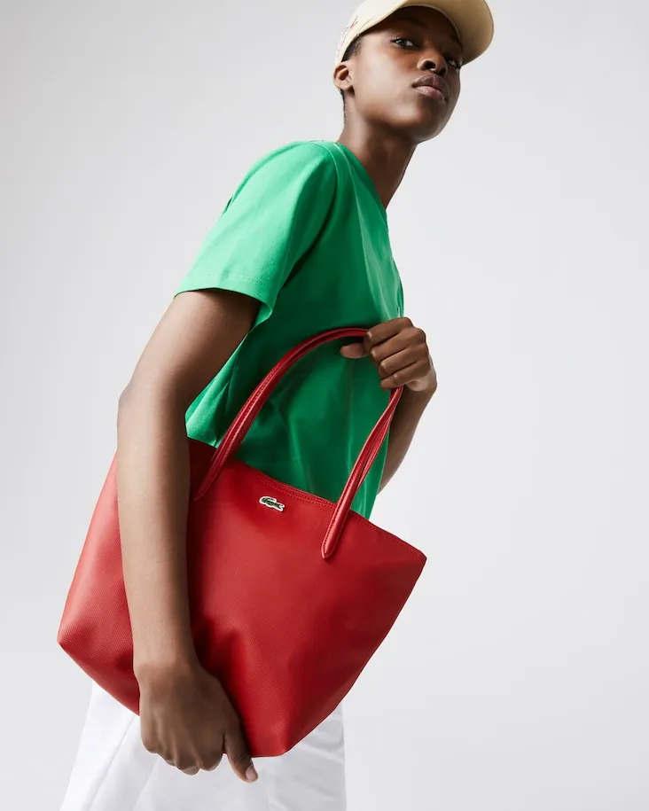 Shopping bag rossa misura media in tela piqué con logo coccodrillo ricamato