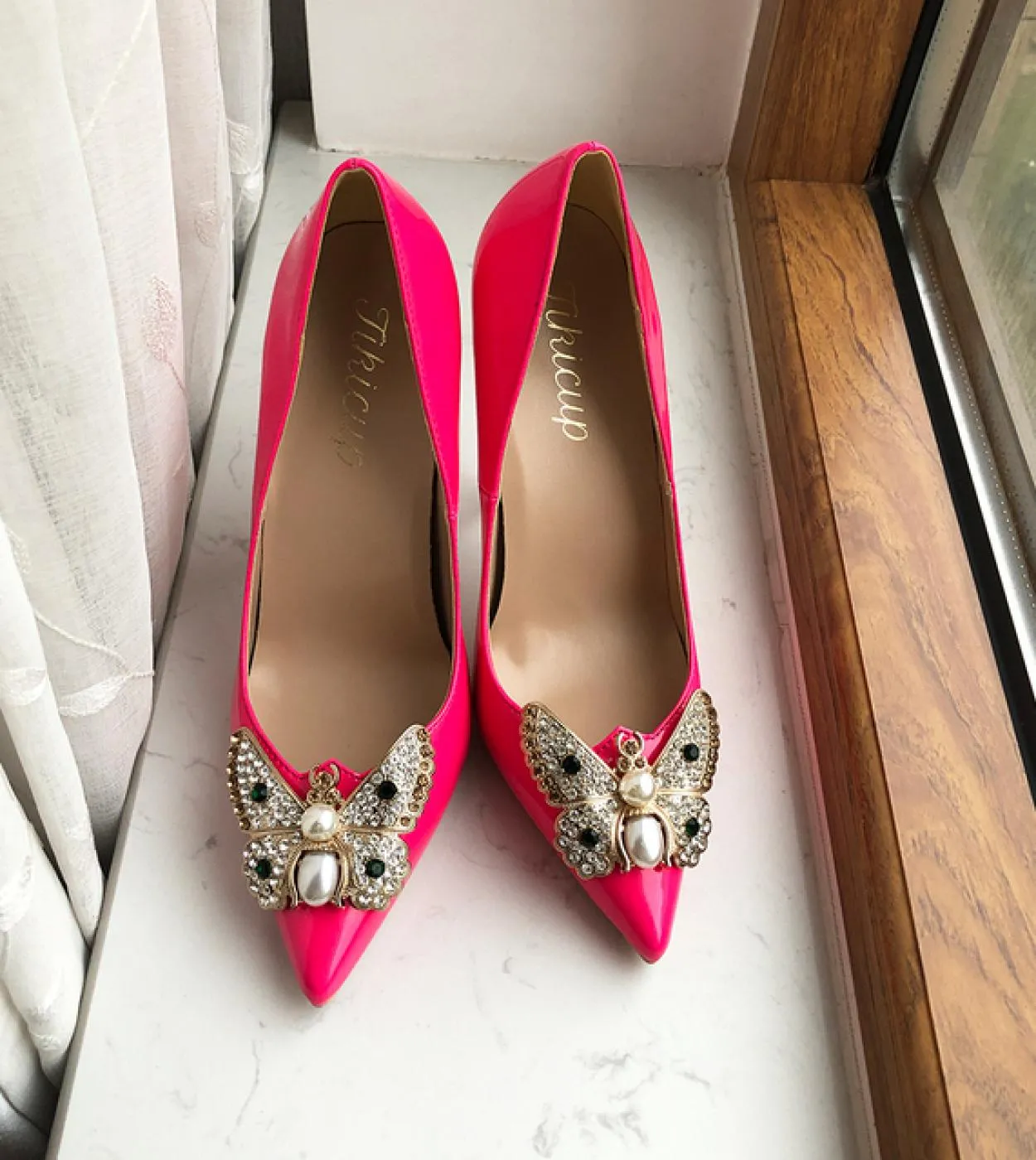Tikicup Glitter Farfalla Donne Rosa Rosa Punta A Punta 8 cm 10 cm 12 cm Tacco Alto Scarpe Da Festa di Nozze Elegante Donna Stile