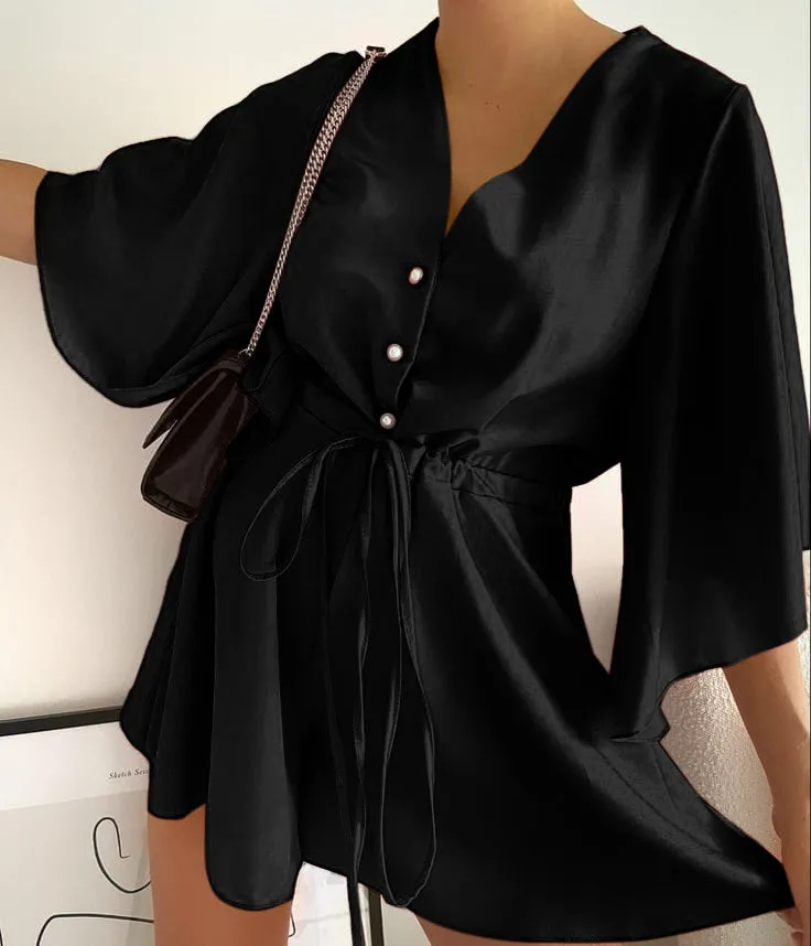 Tutina Donna Scollo V Mezza Manica Campana Bottoni Coulisse Fiocco Comoda