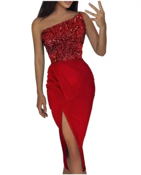 Vestito da festa aderente con paillettes alla moda estiva Vestito da cocktail irregolare da cocktail con una spalla alta e una s