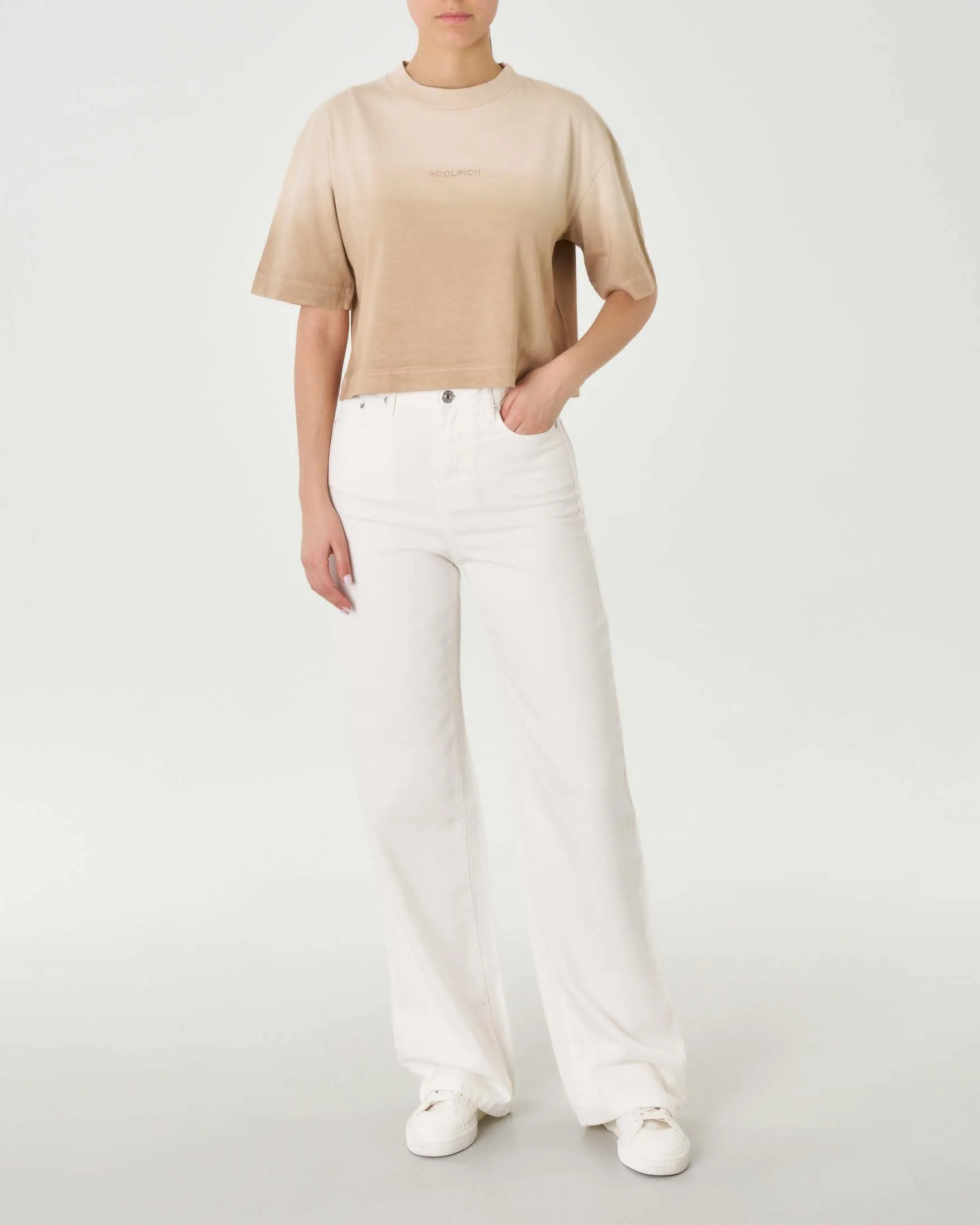 Wide jeans color burro a vita alta in denim di misto cotone light dalla