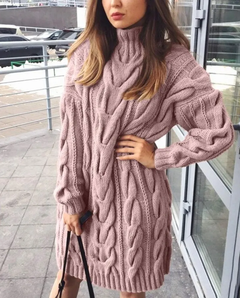 Womenautumn And Winter Knitted Solid Color Loose Pullover Twist Knitted Sweater Sweater Dress For Women Plus Size Knee L